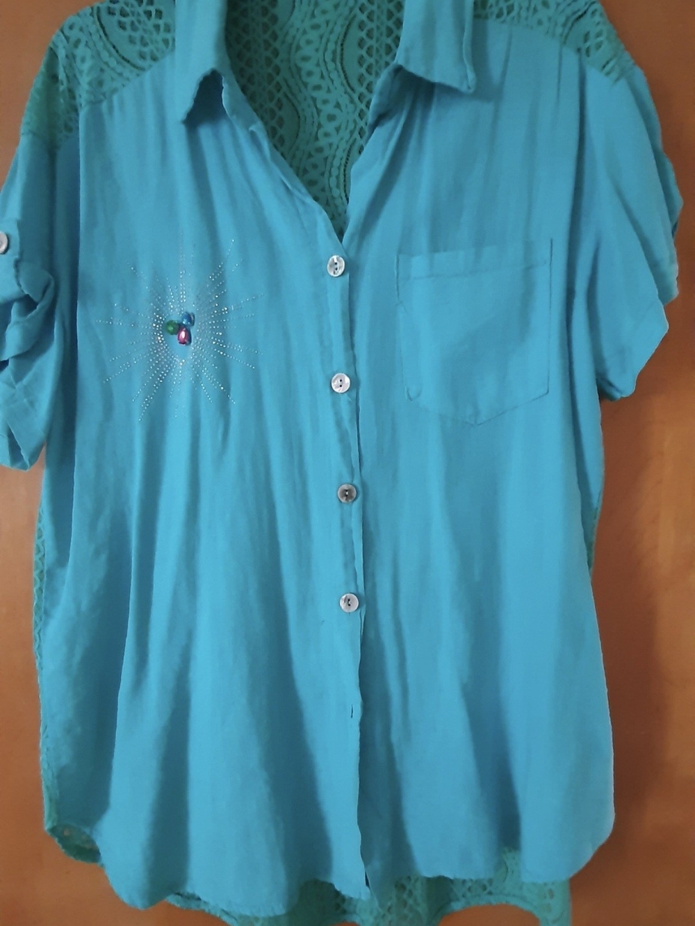 Aqua Turquoise Button-Front Blouse